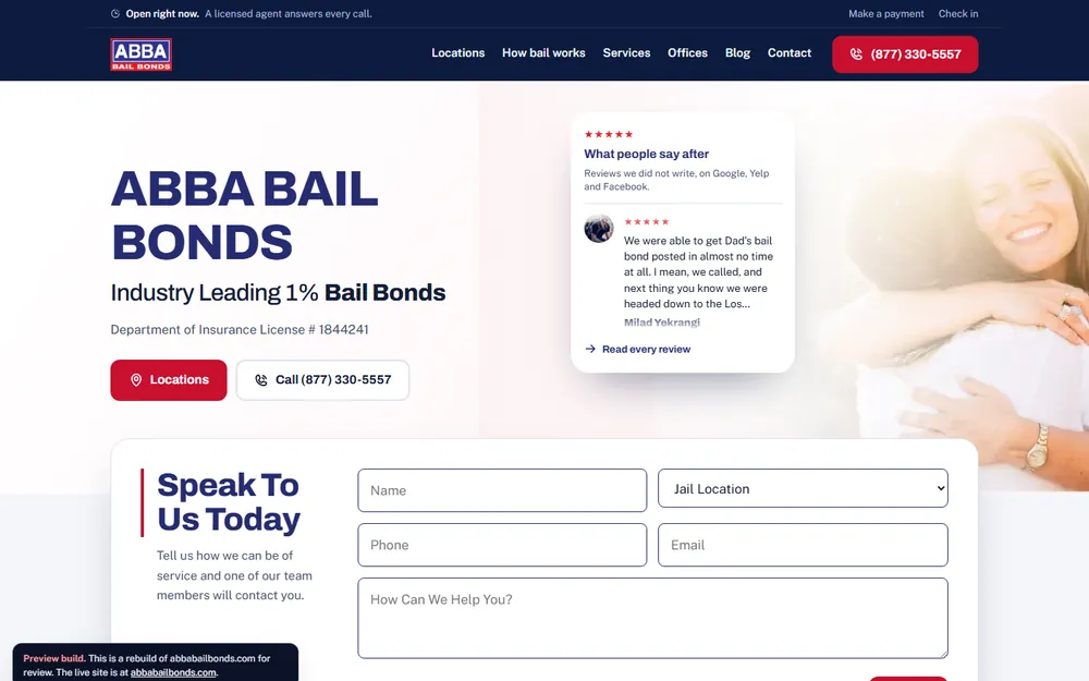 Screenshot of the Abba Bail Bonds homepage