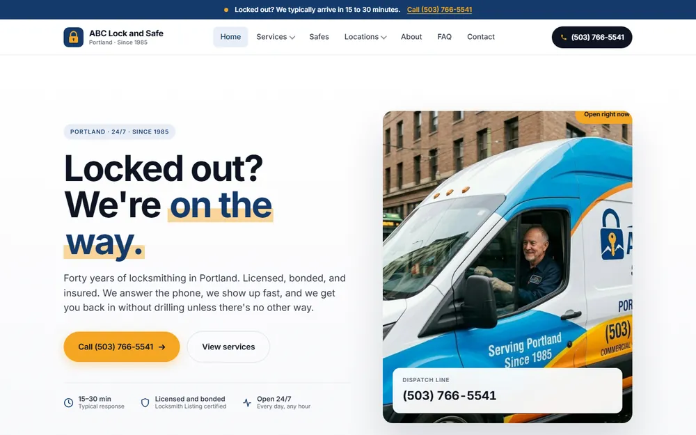 Screenshot of the ABC Lock and Safe homepage