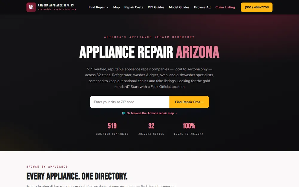 Screenshot of the Arizona Appliance Repairs homepage