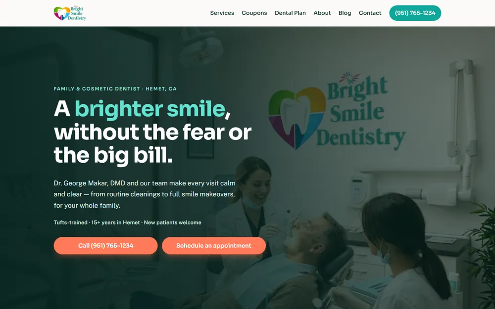 Screenshot of the Bright Smile Dentistry homepage
