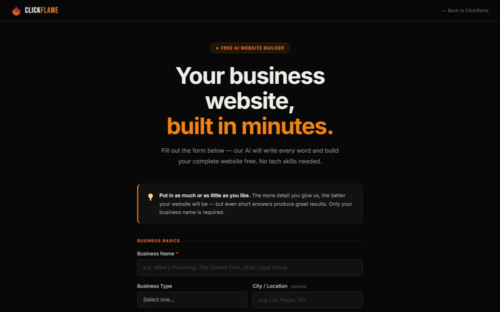 Screenshot of the Clickflame Build homepage
