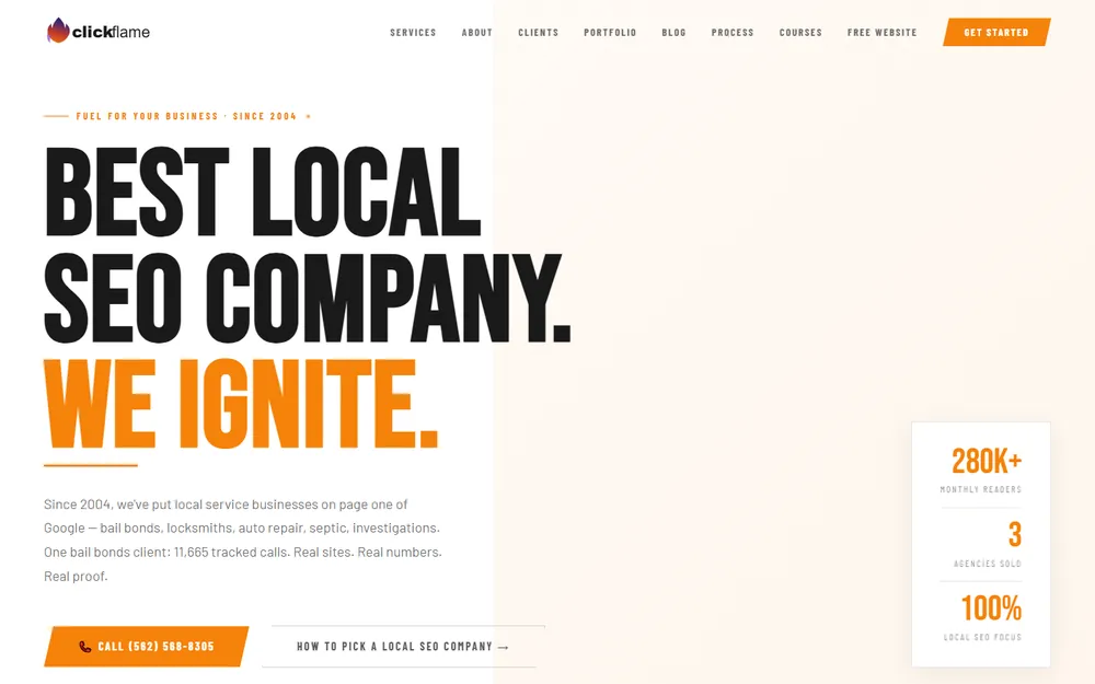 Screenshot of the Clickflame homepage