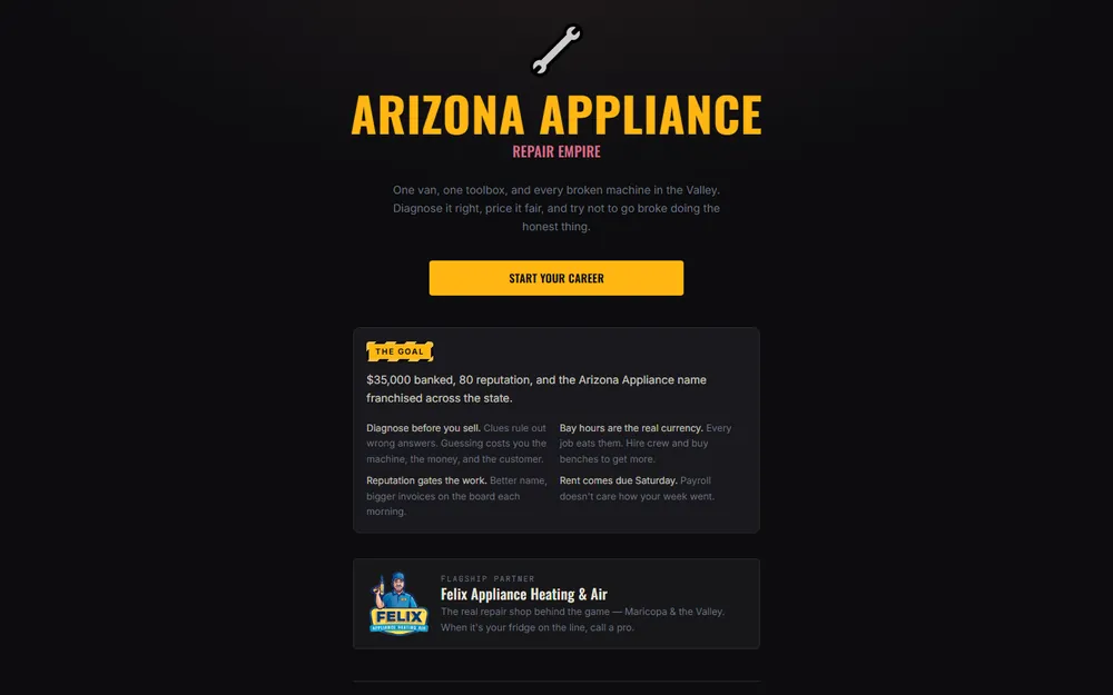 Screenshot of the Arizona Appliance: Repair Empire homepage