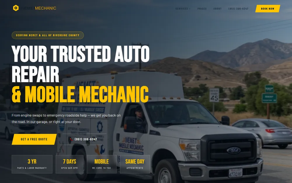 Screenshot of the Hemet Mobile Mechanic homepage