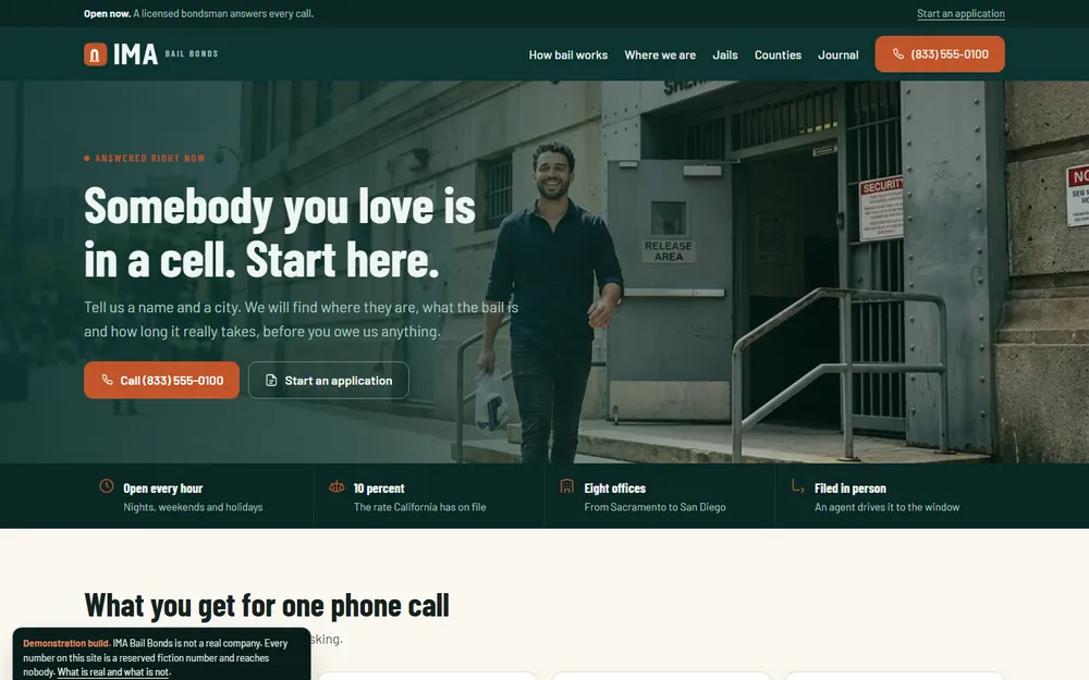 Screenshot of the IMA Bail Bonds homepage