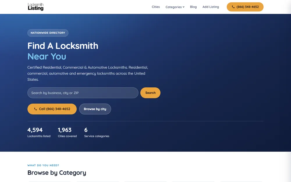 Screenshot of the Locksmith Listing homepage