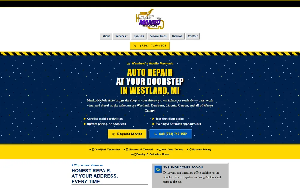 Screenshot of the Manko Mobile Auto homepage