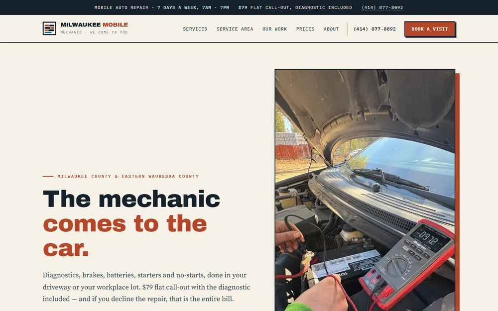 Screenshot of the Milwaukee Mobile Mechanic homepage