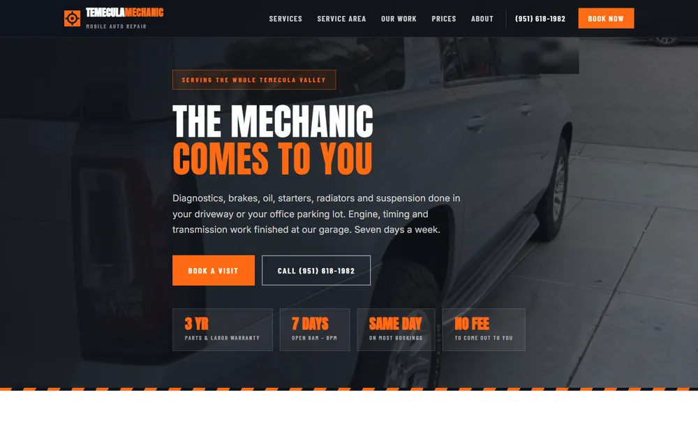 Screenshot of the Temecula Mobile Mechanic homepage