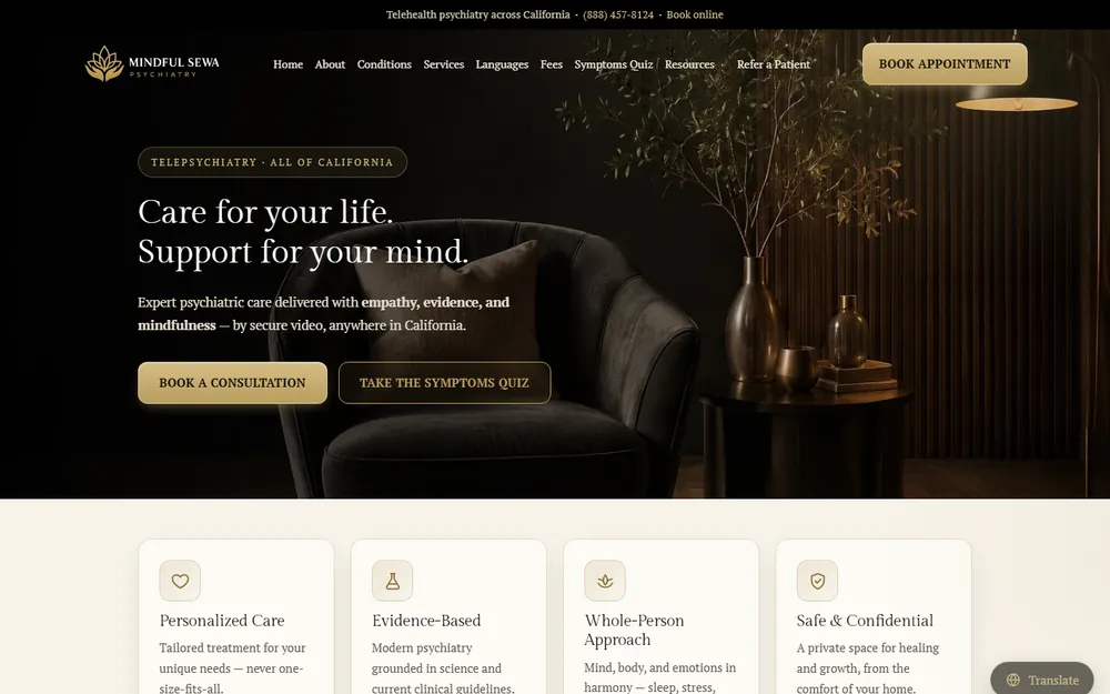 Screenshot of the Mindful Sewa homepage