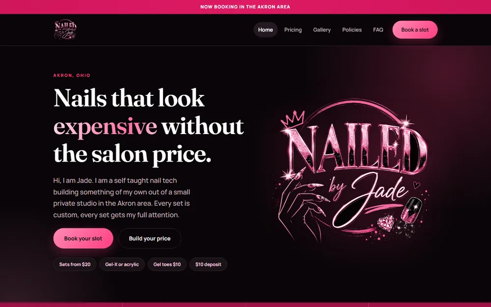 Screenshot of the Nailed by Jade homepage