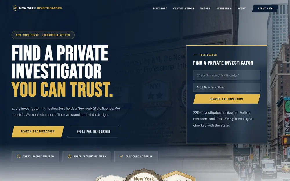 Screenshot of the NY Investigators Directory homepage