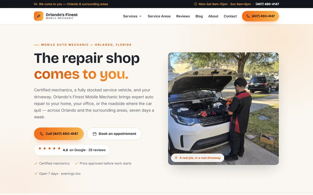 Screenshot of the Orlando's Finest Mobile Mechanic homepage