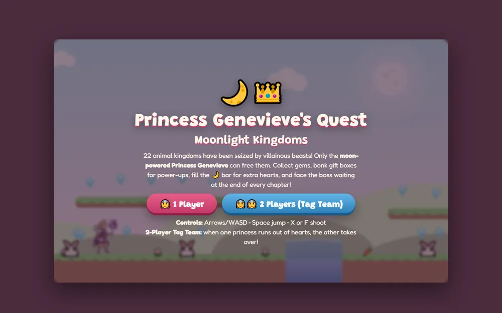 Screenshot of the Princess Genevieve's Quest homepage