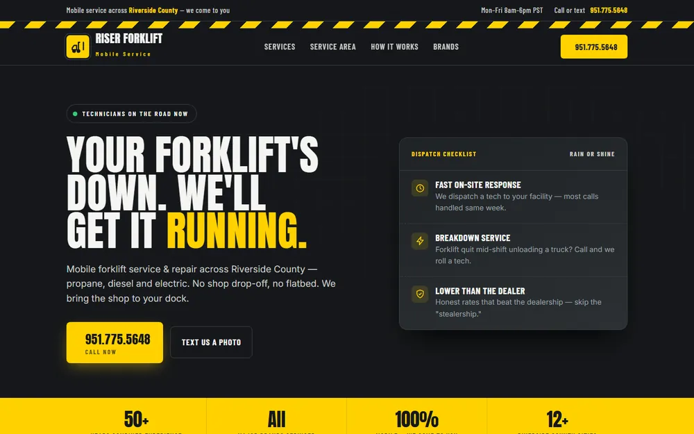Screenshot of the Riser Forklift homepage