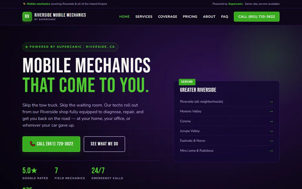 Screenshot of the Riverside Mobile Mechanics homepage