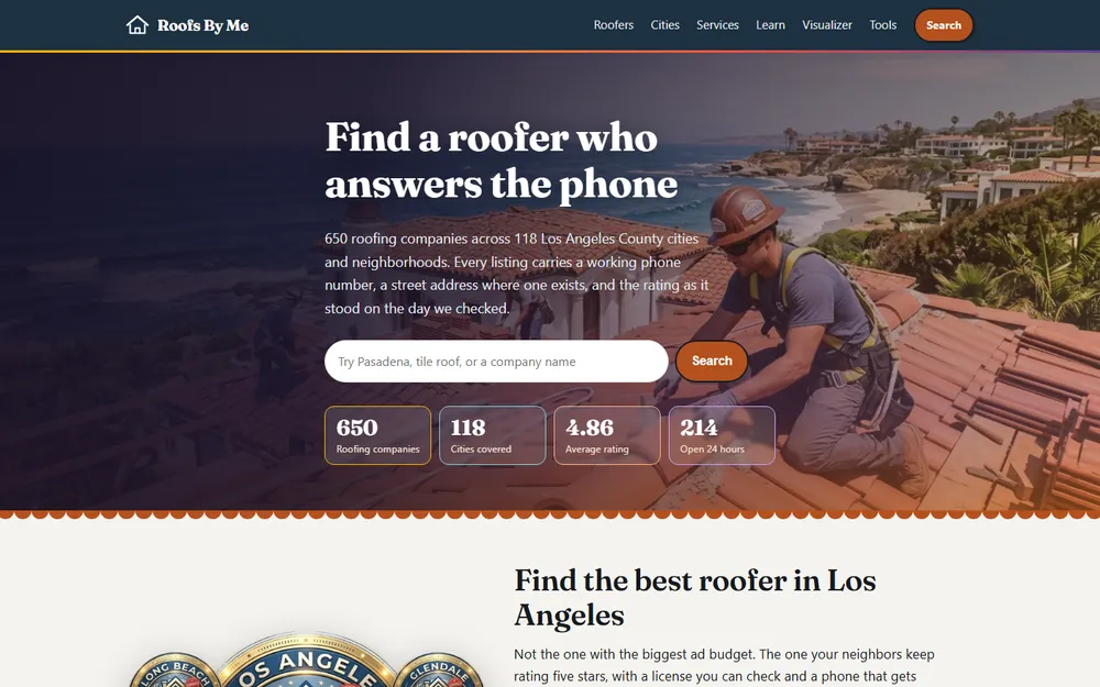 Screenshot of the Roofs By Me homepage