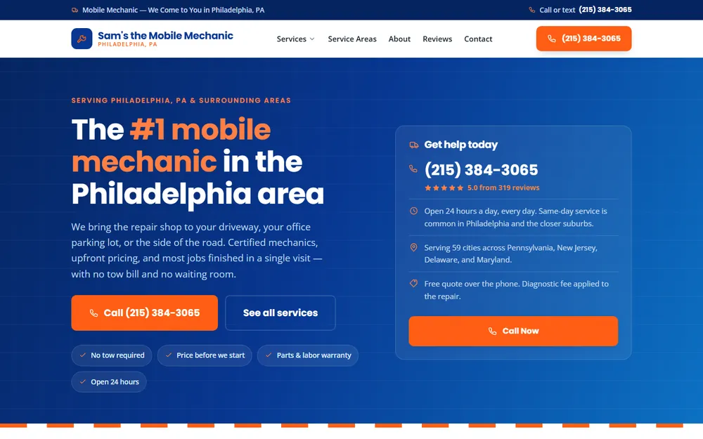 Screenshot of the Sam's Mobile Mechanic homepage
