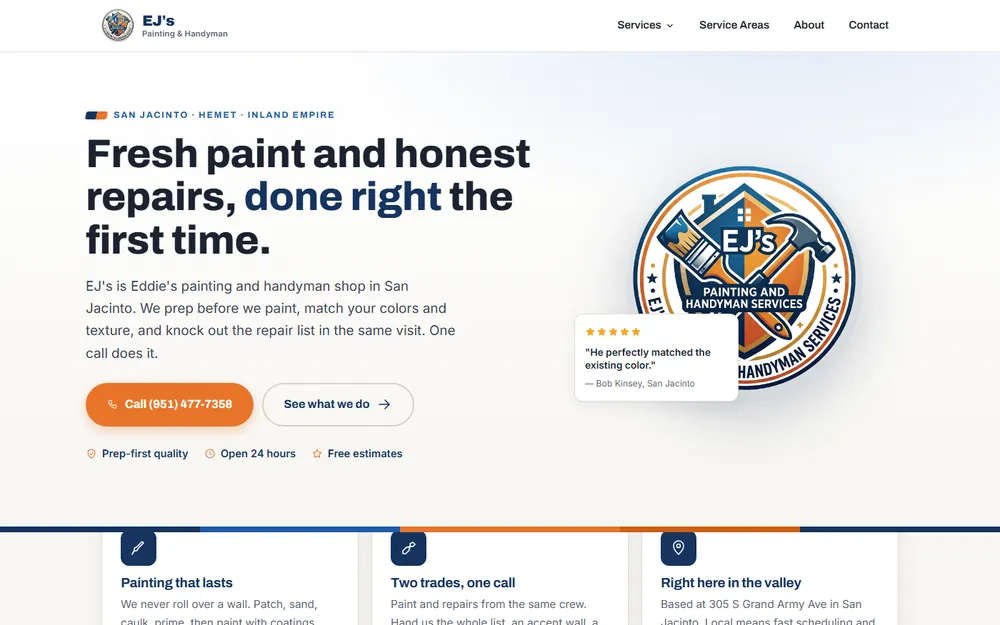 Screenshot of the EJ's Painting and Handyman homepage