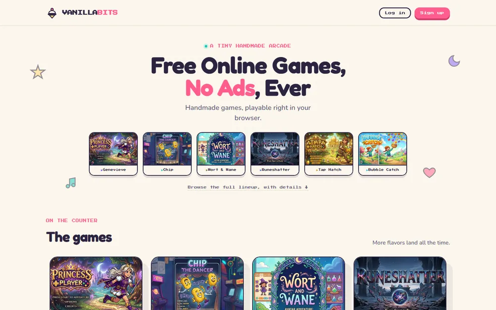 Screenshot of the VanillaBits homepage