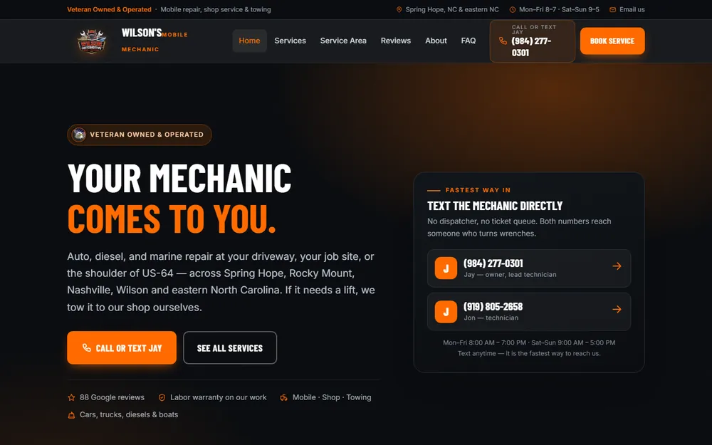 Screenshot of the Wilson's Mobile Mechanic homepage