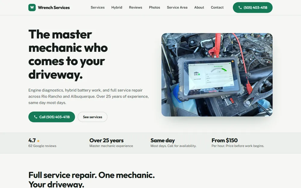 Screenshot of the Wrench Services homepage