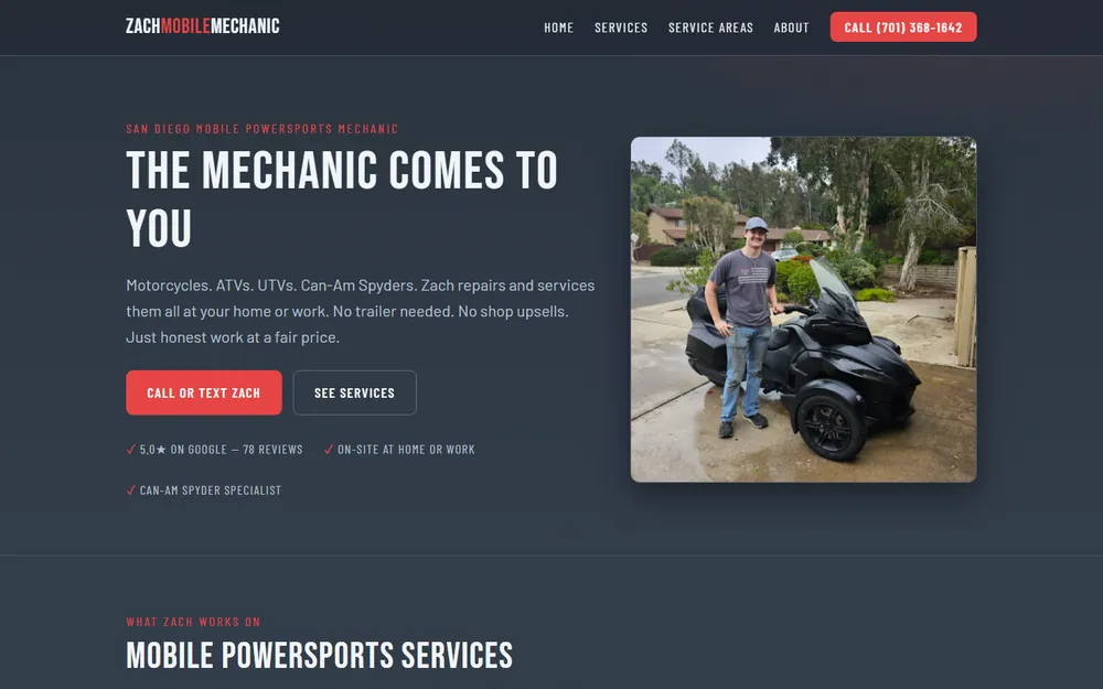 Screenshot of the Zachary Mobile Mechanic homepage